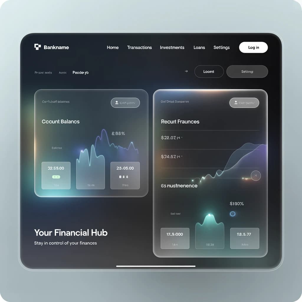 Dark mode banking dashboard with glassmorphism.
