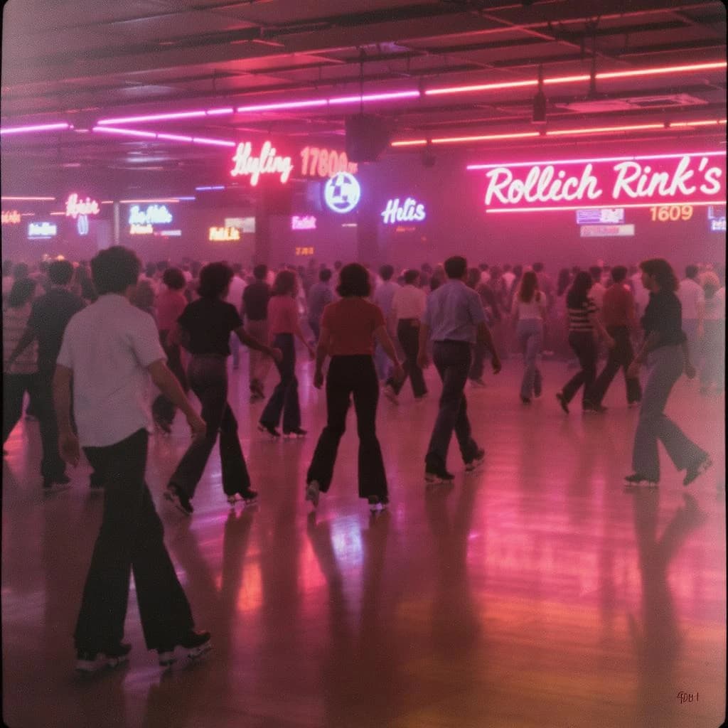 A 1970s roller rink crowd skates under neon, with a bit of fade and film grain.