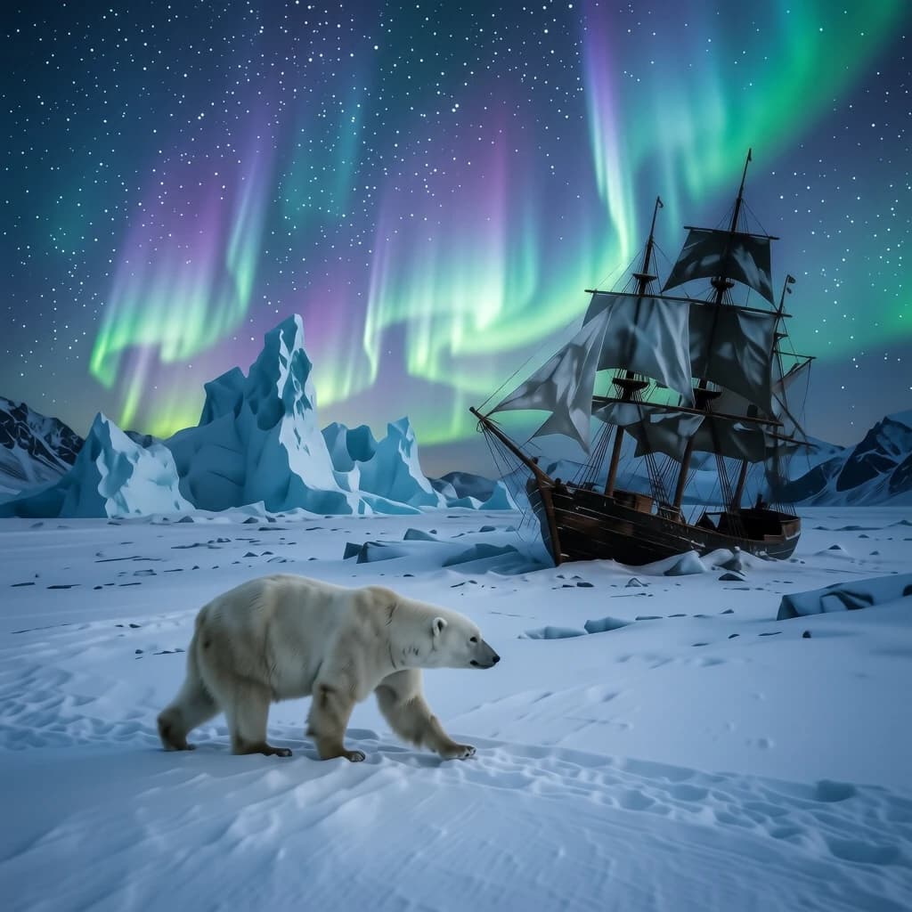 An endless tundra stretches outward, littered with jagged icebergs shaped like cathedral spires. A polar bear trudges across the foreground but leaves no tracks. Auroras ripple overhead. A half-buried shipwreck juts from the snow — sails billowing despite the still air.