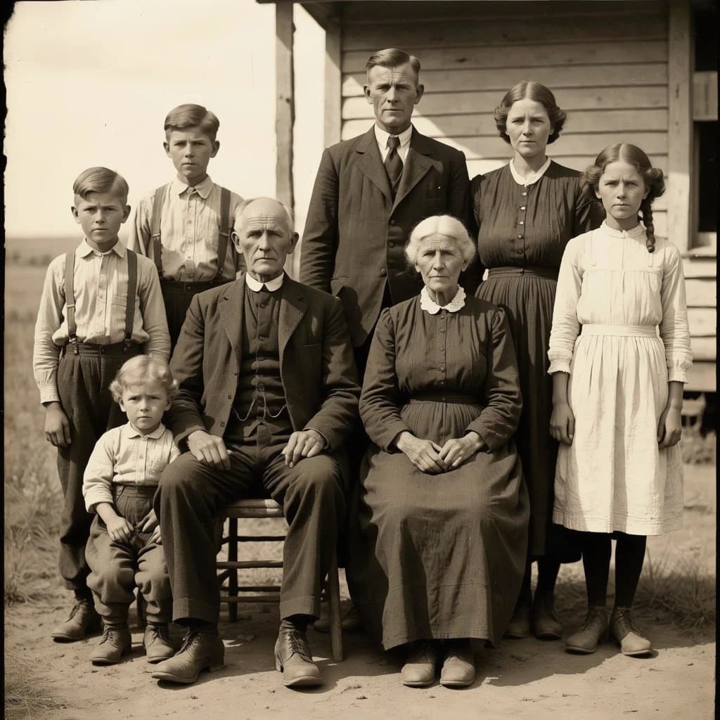 Everybody holds still and nobody smiles for the family portrait. It's 1928 in Kansas