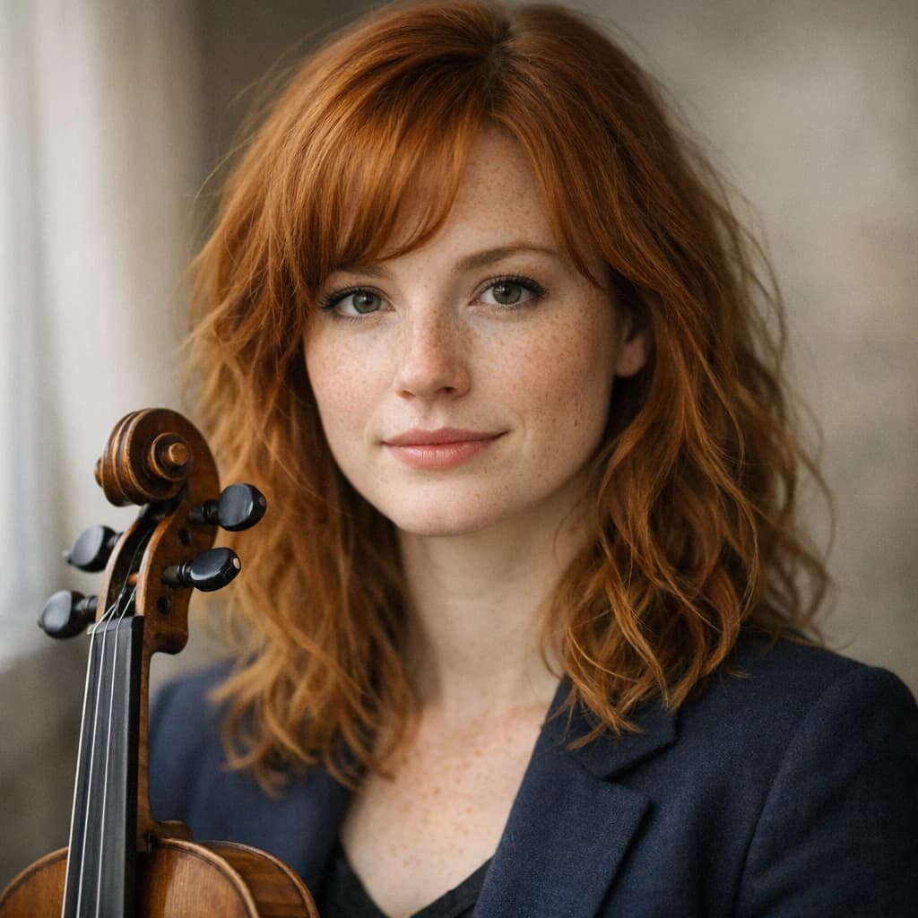 Capture a head-and-shoulders portrait of a freckled red-haired violinist in a navy blazer, soft window light, 85mm at f/1.8, gently smiling yet serious eyes, muted tones.