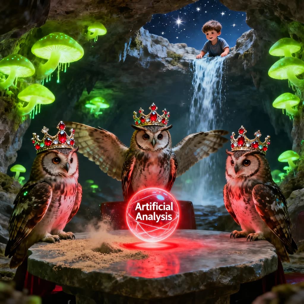 In a cavern lined with bioluminescent fungi glowing lime green, the council of owls wear jeweled crowns that glimmer with rubies, their wings folded behind their backs. Dust coats the stone table, a glowing orb inscribed with “Artificial Analysis” hovers above the table illuminating the owls with its red pulsating light. Behind them, a waterfall falls upward into a ceiling that opens onto stars - a child looks down in wonder from above at what he has stumbled across.