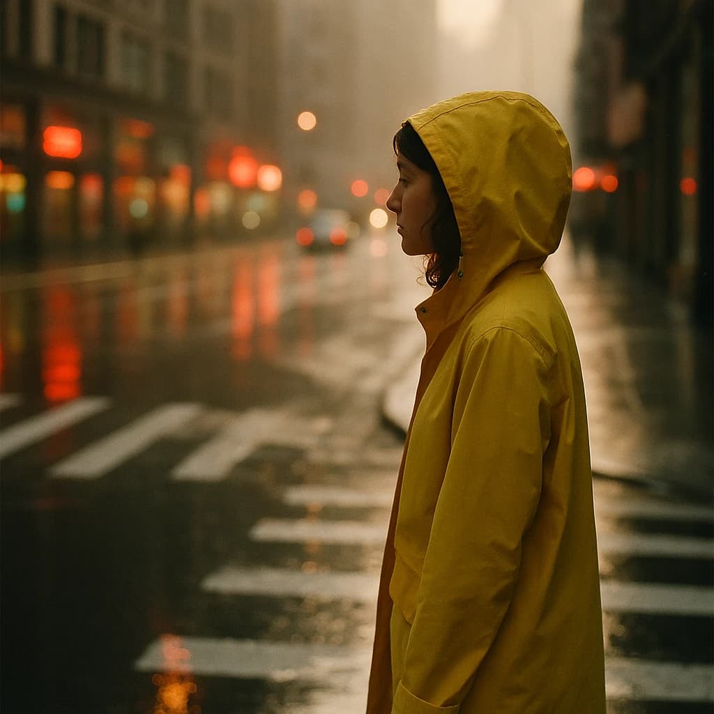 A sunlit city street after rain; puddles mirror neon signs as a woman in a yellow raincoat waits at a crosswalk, soft mist, 50mm look, natural tones, a bit of film grain.