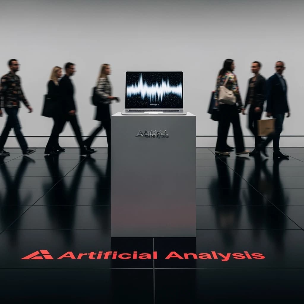 In a spotless gallery space, a pedestal supports a transparent laptop whose screen flickers between static and pristine brand imagery. Shoppers blur past in designer clothes that appear slightly outdated - bell bottoms, metallic jackets. The embossed logo “Artificial Analysis” glints silver, yet its reflection in the glass floor reads in crimson letters. A single spotlight shines, though shadows fall in two directions.