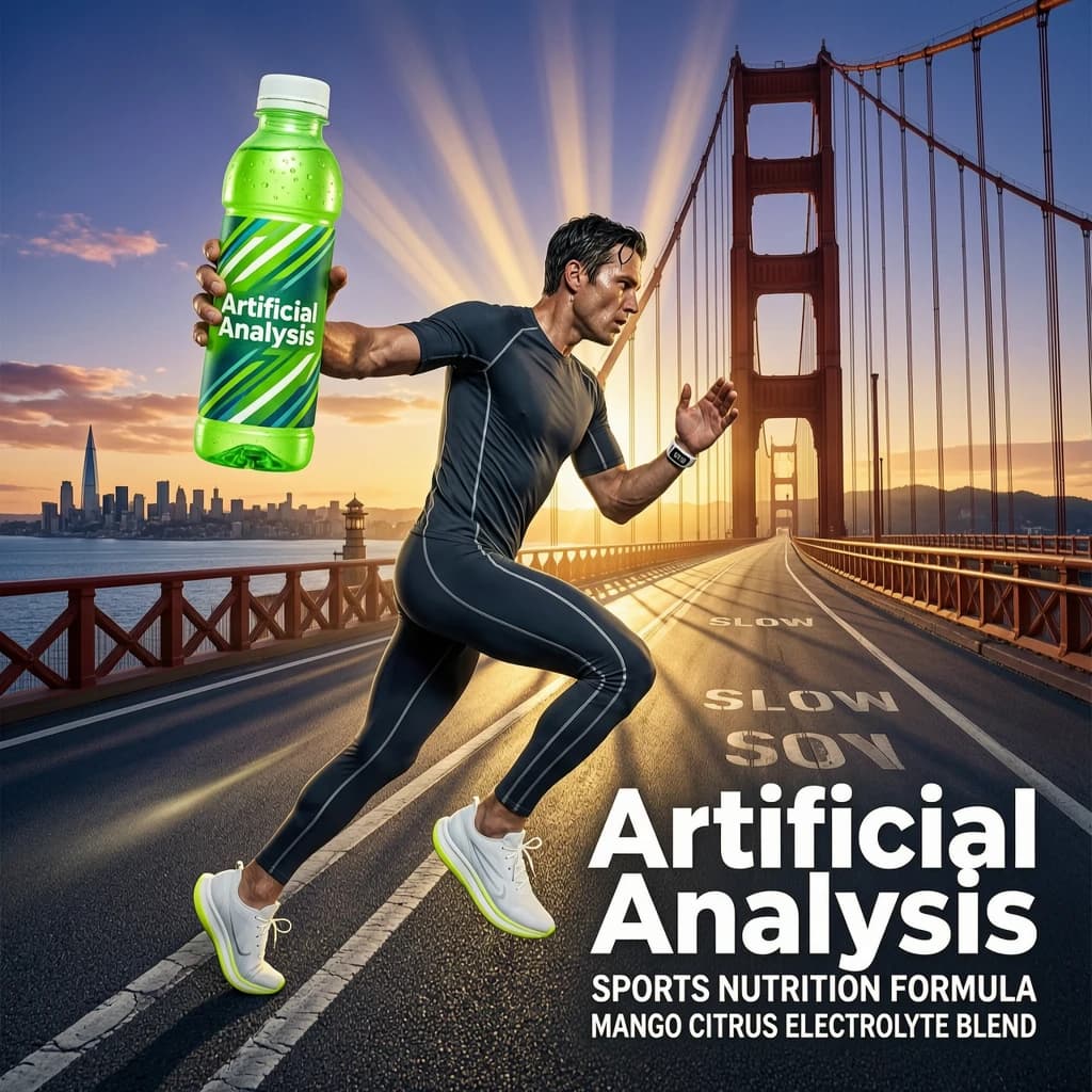 A runner dashes across the Golden Gate Bridge at dawn, sunlight streaming between cables. In their hand, they carry a neon-green sports drink with the brand name Artificial Analysis splashed boldly across the bottle. Motion blur emphasizes speed, while crisp purple sans serif typography overlays the bottom right of the scene with the tagline: Artificial Analysis is an independent AI benchmarking & analysis company