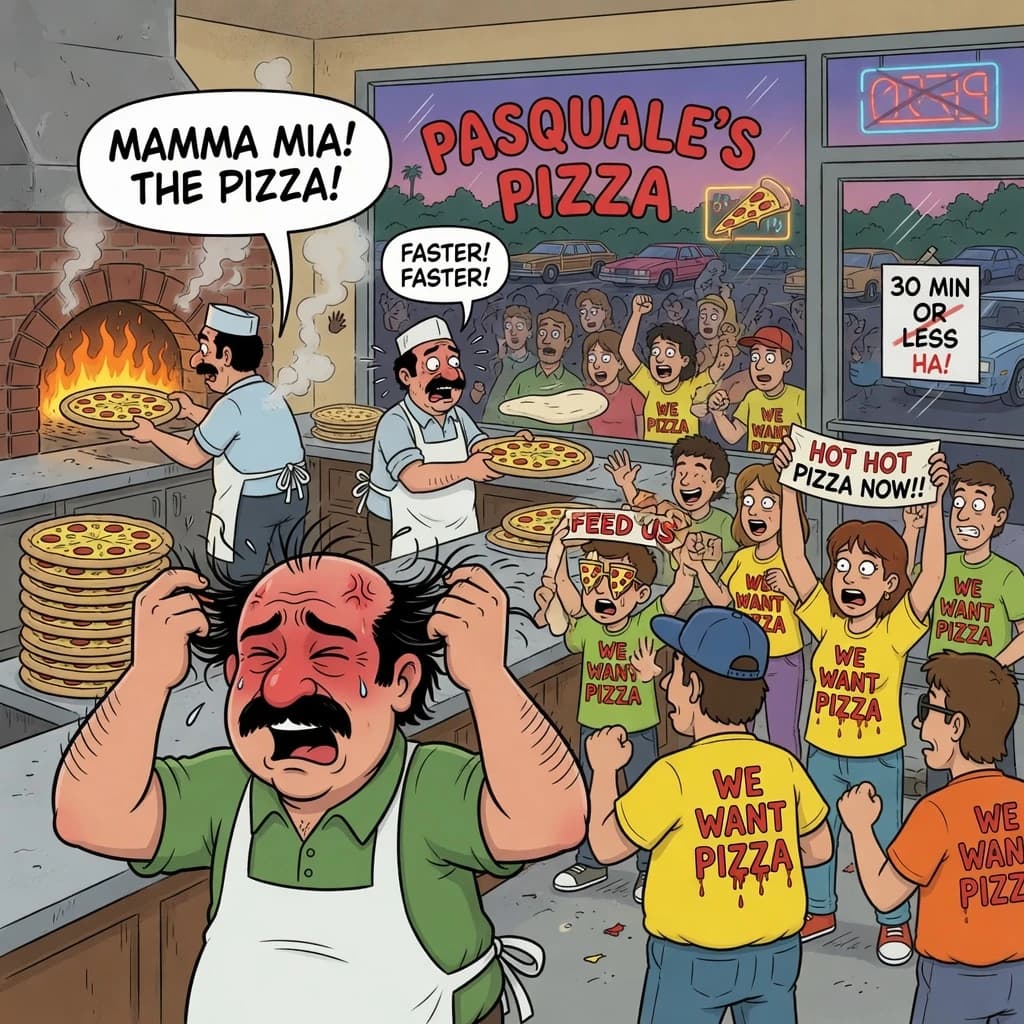 Pasquale is pulling his few remaining hairs out over a disaster at the pizzeria - the cooks are working as fast as they can but the crowds outside are swelling and they demand hot hot pizza! They are banging on the glass and some are wearing "we want pizza" shirts. 1980s western TV animation style.