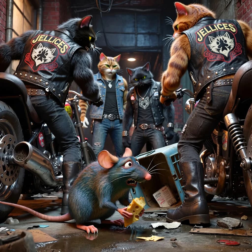 The cartoon rat clenches his thin wedge of cheese and trembles in fear as he hides from the menacing Jellicles, the roaming cat motorcycle gang, all wearing their colors with the name on the back. The cats have all drunk far too much milk and are causing a big ruckus! One cat is close to finding the rat