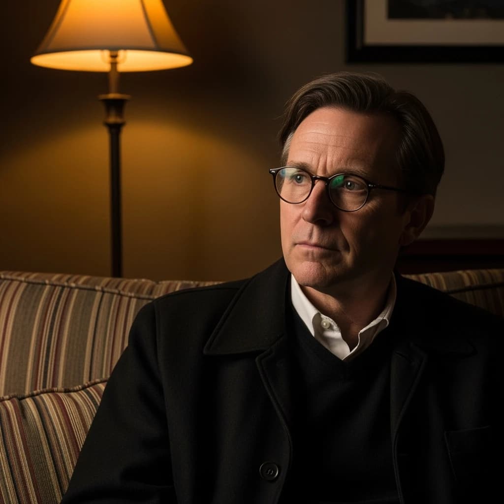 A sharply lit portrait of a middle-aged man wearing thin-rimmed glasses and a dark jacket over a white collared shirt. He gazes intently to the side, his face half illuminated by warm light while the background recedes into deep shadow. The expression is thoughtful, almost wary, as if caught mid-conversation. Behind him, a striped cushion in muted reds and blacks adds subtle texture, contrasting with the crisp highlights on his forehead and glasses. The overall mood is contemplative and cinematic, balancing warmth with tension.