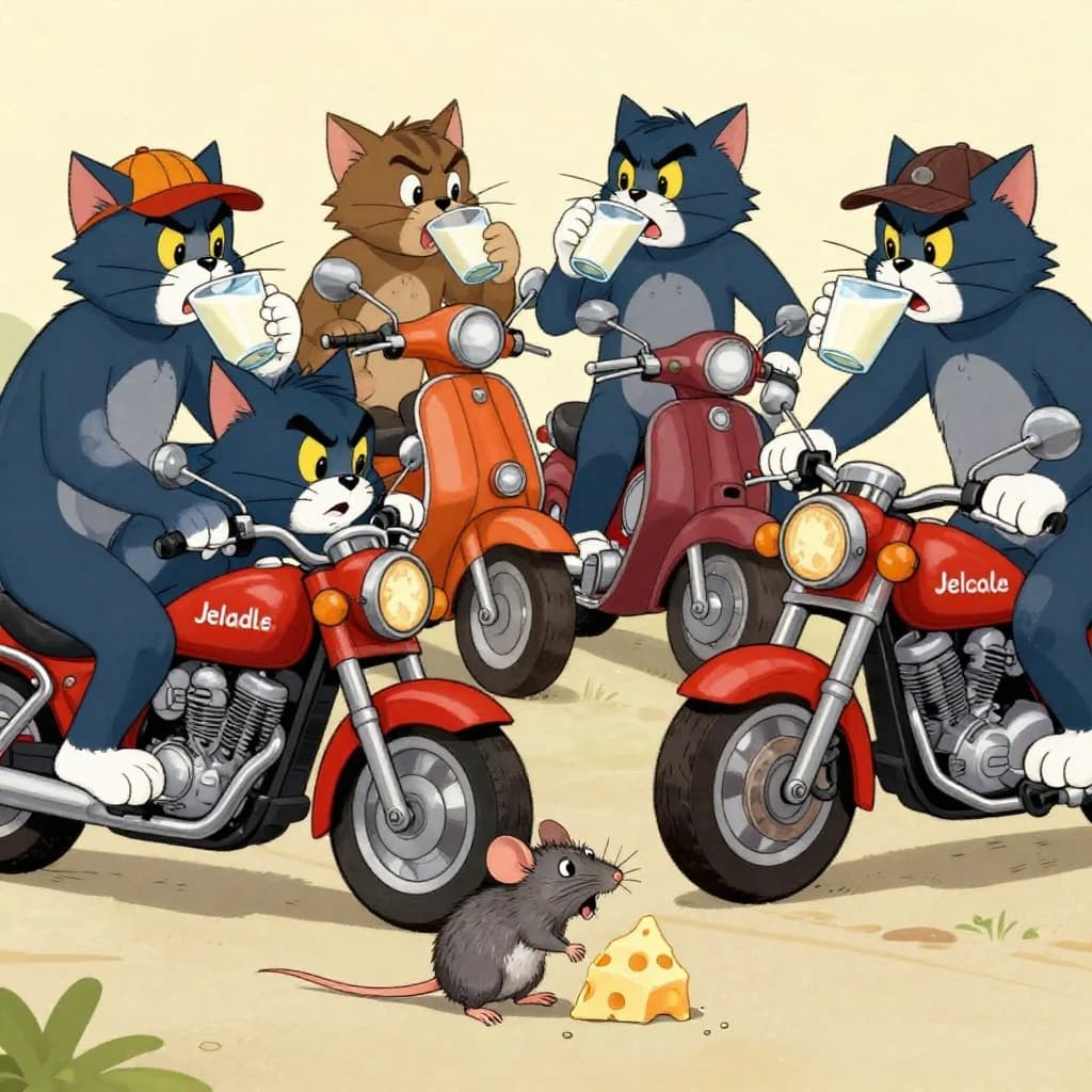 The cartoon rat clenches his thin wedge of cheese and trembles in fear as he hides from the menacing Jellicles, the roaming cat motorcycle gang, all wearing their colors with the name on the back. The cats have all drunk far too much milk and are causing a big ruckus! One cat is close to finding the rat