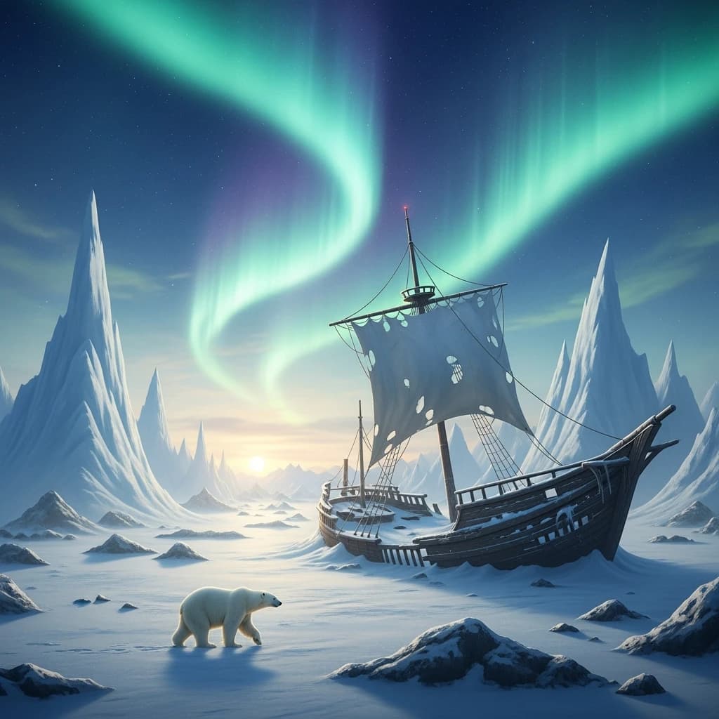 An endless tundra stretches outward, littered with jagged icebergs shaped like cathedral spires. A polar bear trudges across the foreground but leaves no tracks. Auroras ripple overhead. A half-buried shipwreck juts from the snow — sails billowing despite the still air.