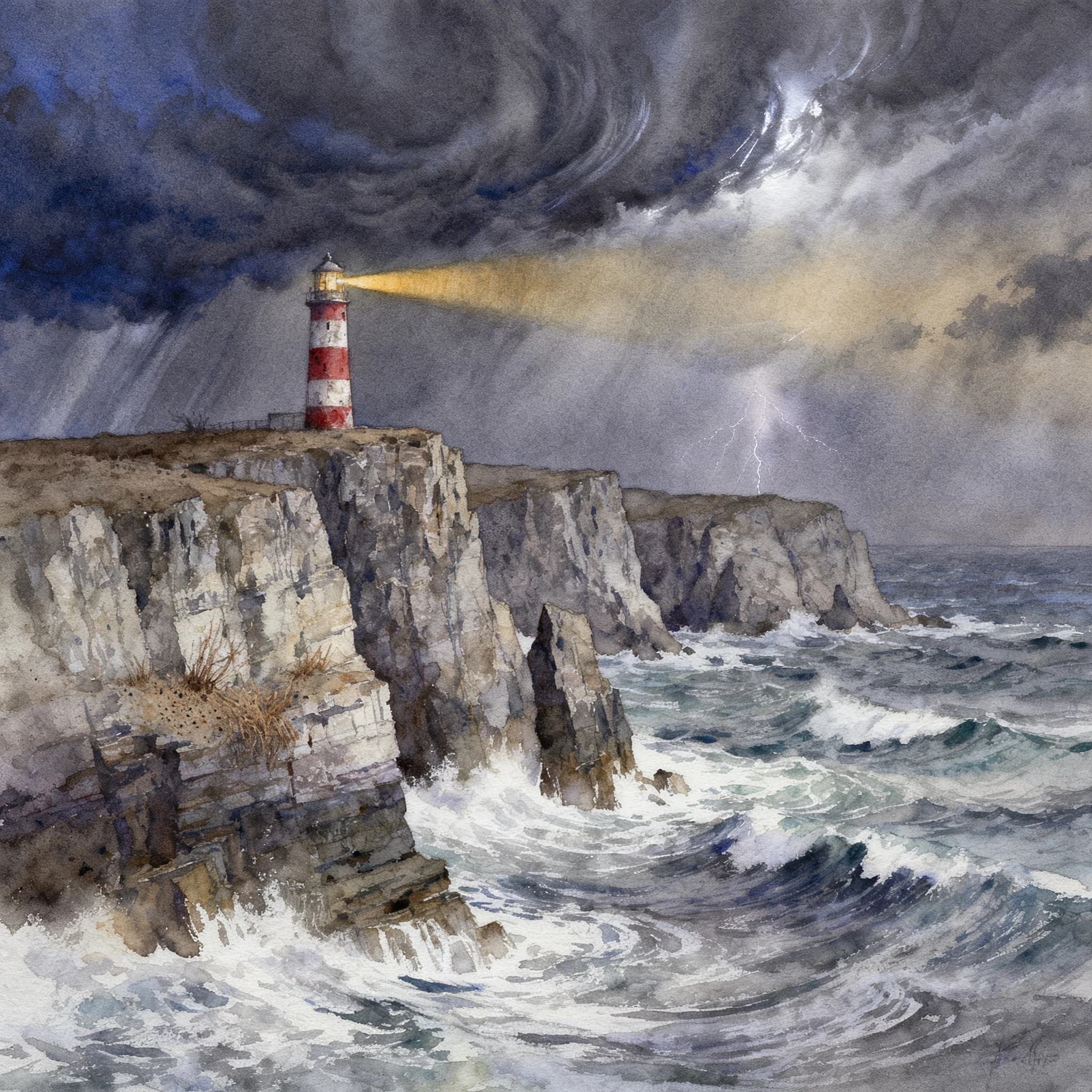 Please paint a watercolor of stormy cliffs and a lighthouse, moody sky.