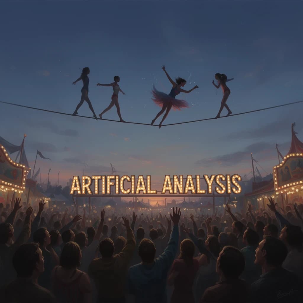 At dusk, high above a carnival crowd, three tightrope walkers balance on a single rope with no aids, one is off balance and grabbing at air. Below, the audience looks upward with baited anticipation. Artificial Analysis is spelled out in the background in carnival lights