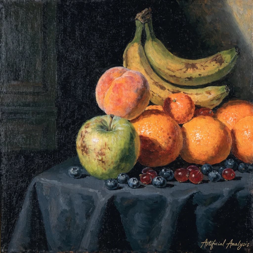A still life scene painted oil on canvas, comprising various fruits on a black table cloth with striking lighting coming from the right out of frame, creating strong shadows. A bruised green apple is in the foreground, a peach behind it, and behind that a melange of oranges and bananas in various states of ripeness. Berries are strewn in front of the apple. The artist has signed his name "Artificial Analysis" in the bottom right corner in a hurried fashion.