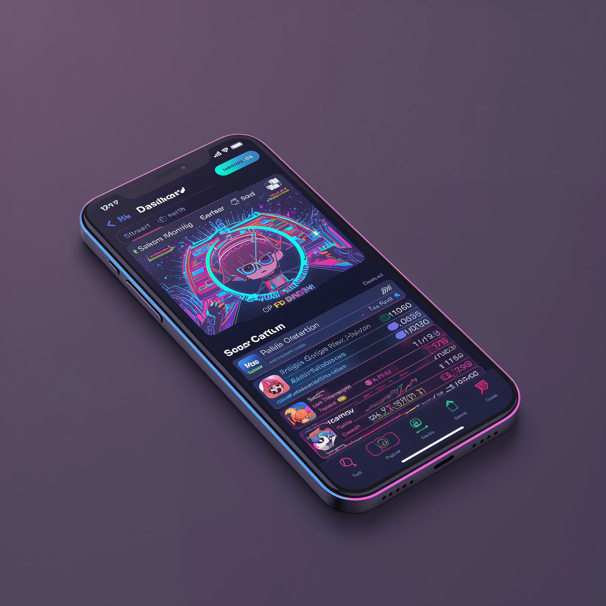 A chibi artist crafts a sleek mobile dashboard, neon pastel glow.