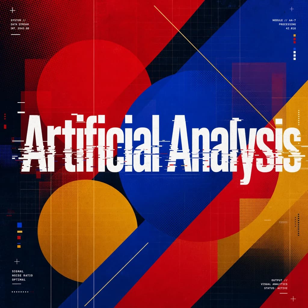A bold poster composition dominated by flat geometric shapes in crimson, cobalt, and ochre. Overlapping circles and sharp diagonal lines create dynamic tension across the frame. A single sans-serif word — Artificial Analysis — stretches across the center in stark white, distorted slightly as though caught mid-glitch. The background is textured with halftone dots and faint grid lines, while subtle overlays of translucent rectangles suggest depth. Designed in the spirit of modernist Swiss typography fused with digital glitch aesthetics.