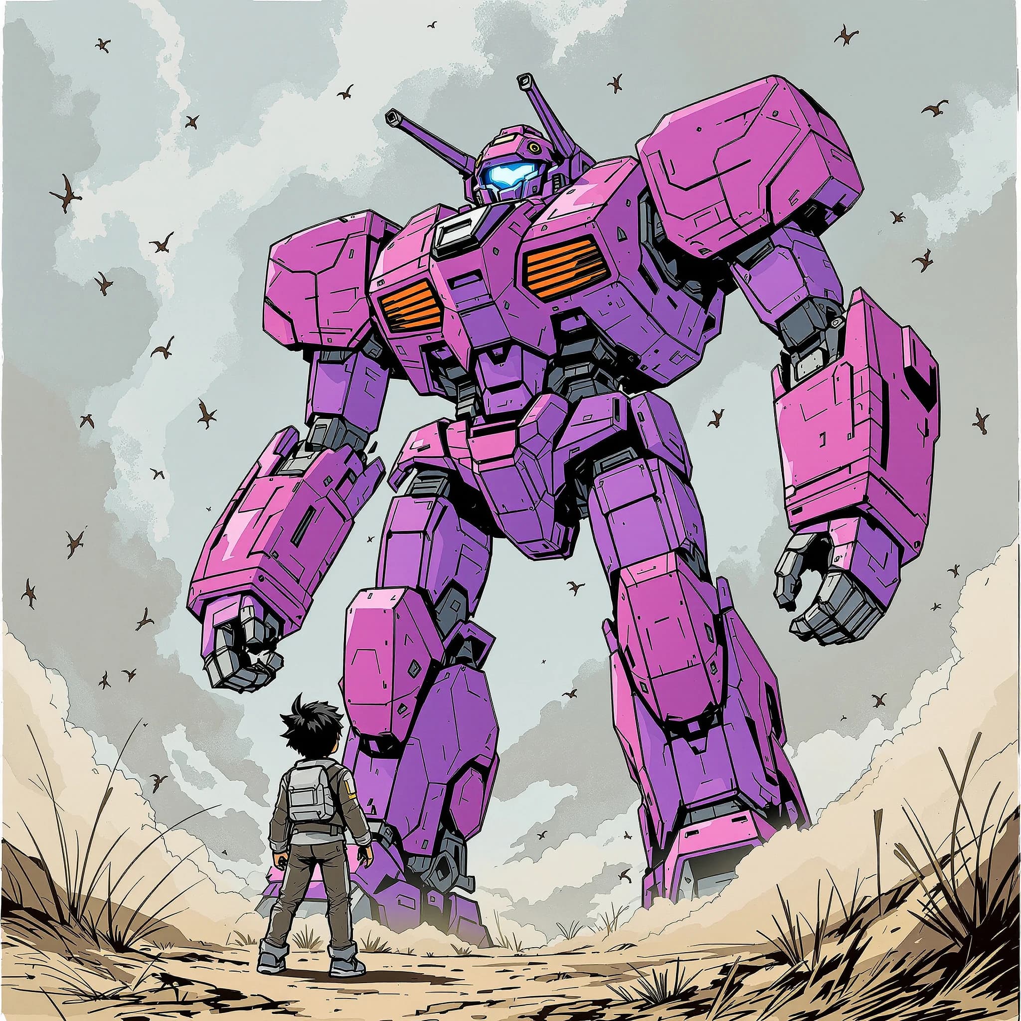 Clad in his body suit up to the neck, young Masa nervously approaches the towering mech with his back facing us. He is nervous for his first time in the field. The mech's bright purple colour scheme contrasts with the grey body suit. The scale of the mech dwarfs Masa. Hand drawn style