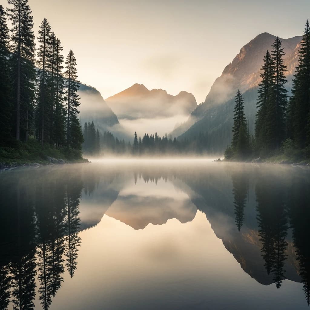 I want a photo of a misty alpine lake at dawn, pines, glassy water, warm light.