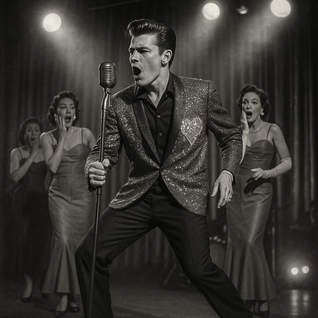 An archival image from 1953 of the rock singer swinging his hips on the stage while glamorous back up singers feign shock at his gyrations! He wears a diamond encrusted jacket with the stones arranged in the shape of a heart