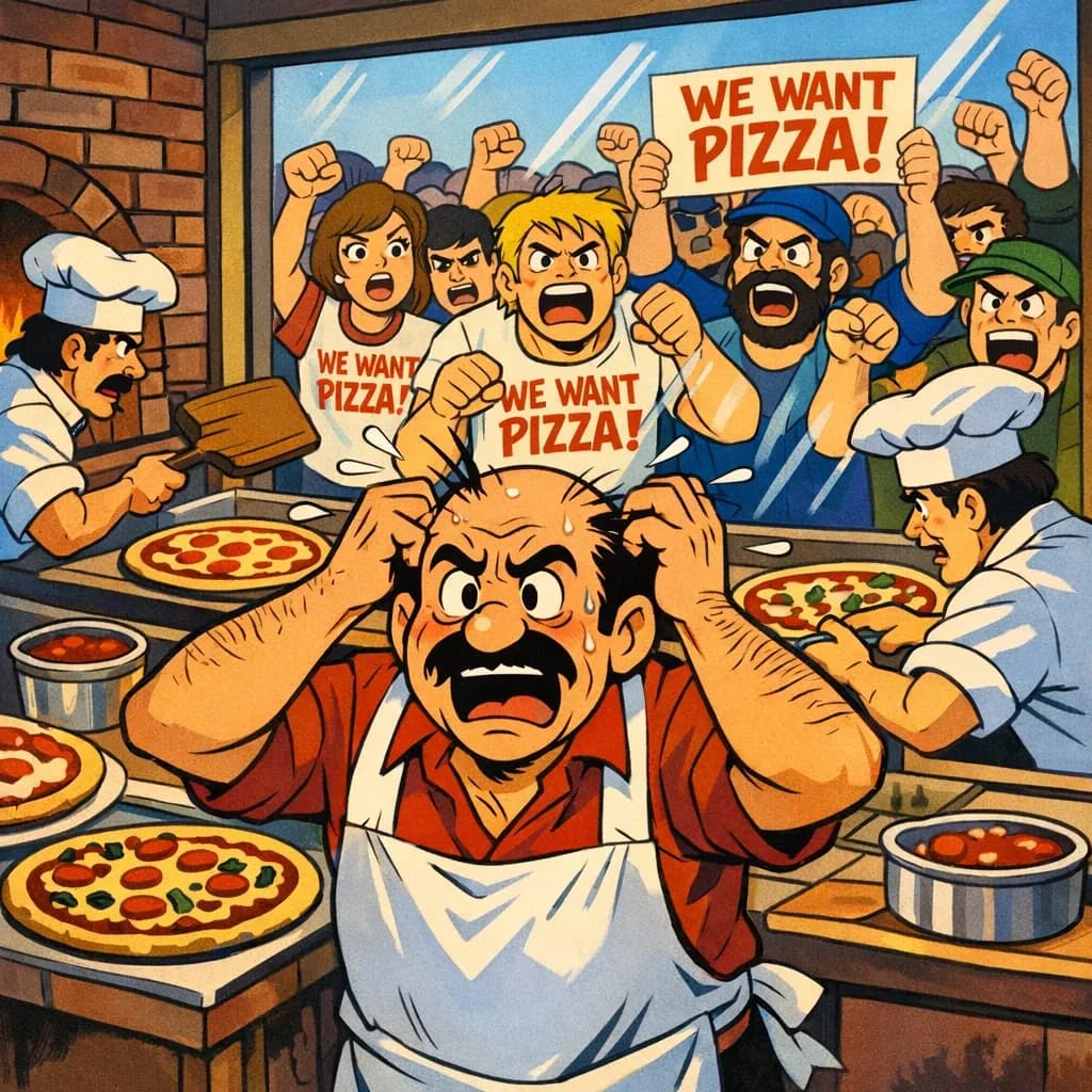 Pasquale is pulling his few remaining hairs out over a disaster at the pizzeria - the cooks are working as fast as they can but the crowds outside are swelling and they demand hot hot pizza! They are banging on the glass and some are wearing "we want pizza" shirts. 1980s western TV animation style.