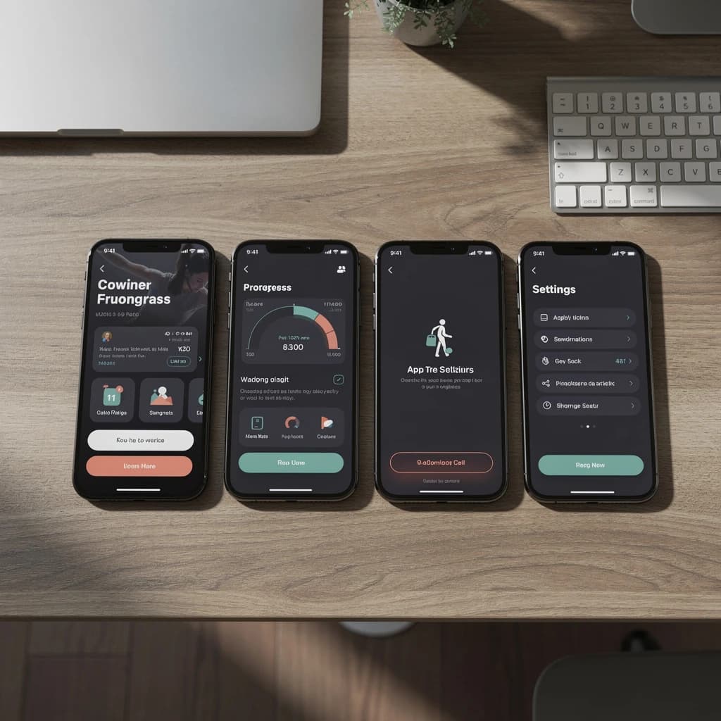 Sleek mobile fitness app screens on a desk: dark mode home, progress dashboard, simple onboarding, clear 8 pt grid, slightly oversized buttons for thumb reach, muted colors.
