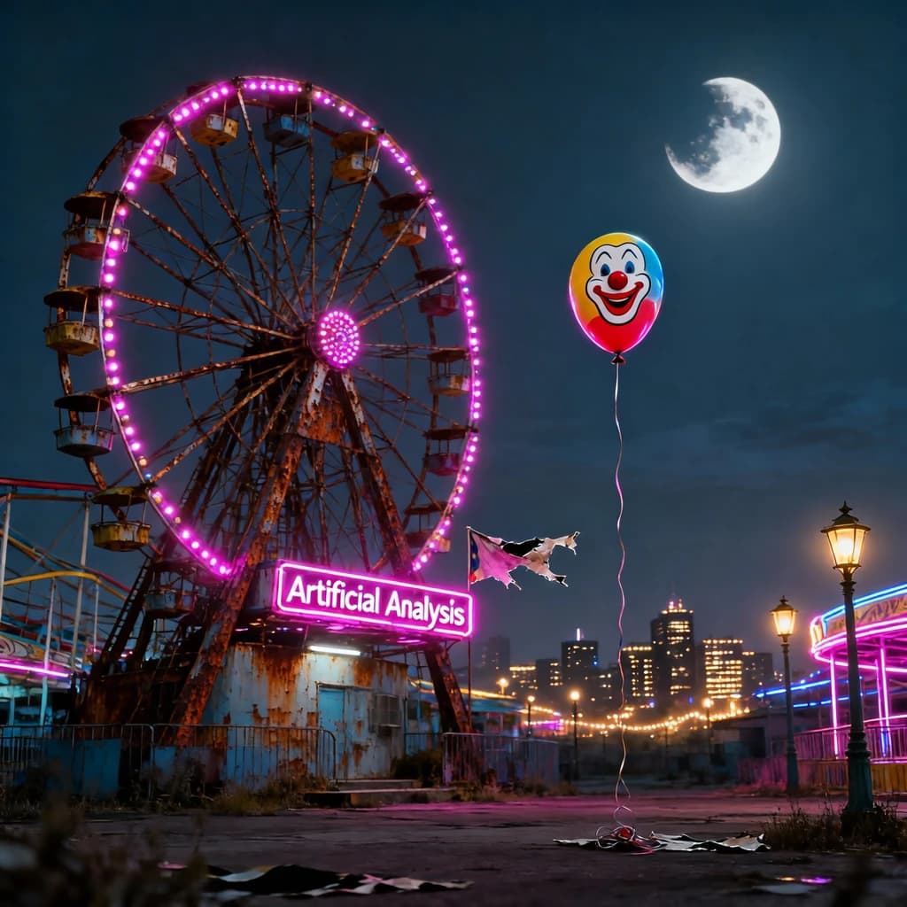 A deserted amusement park glows faintly under a half-moon. The ferris wheel is rusting yet strung with fresh, blinking LED lights. A torn clown banner flaps in a windless air. A lone balloon floats upward, tethered to nothing, while in the far distance city lights flicker on - some neon, some gas lamps as though from another century. 'Artificial Analysis' glows in neon