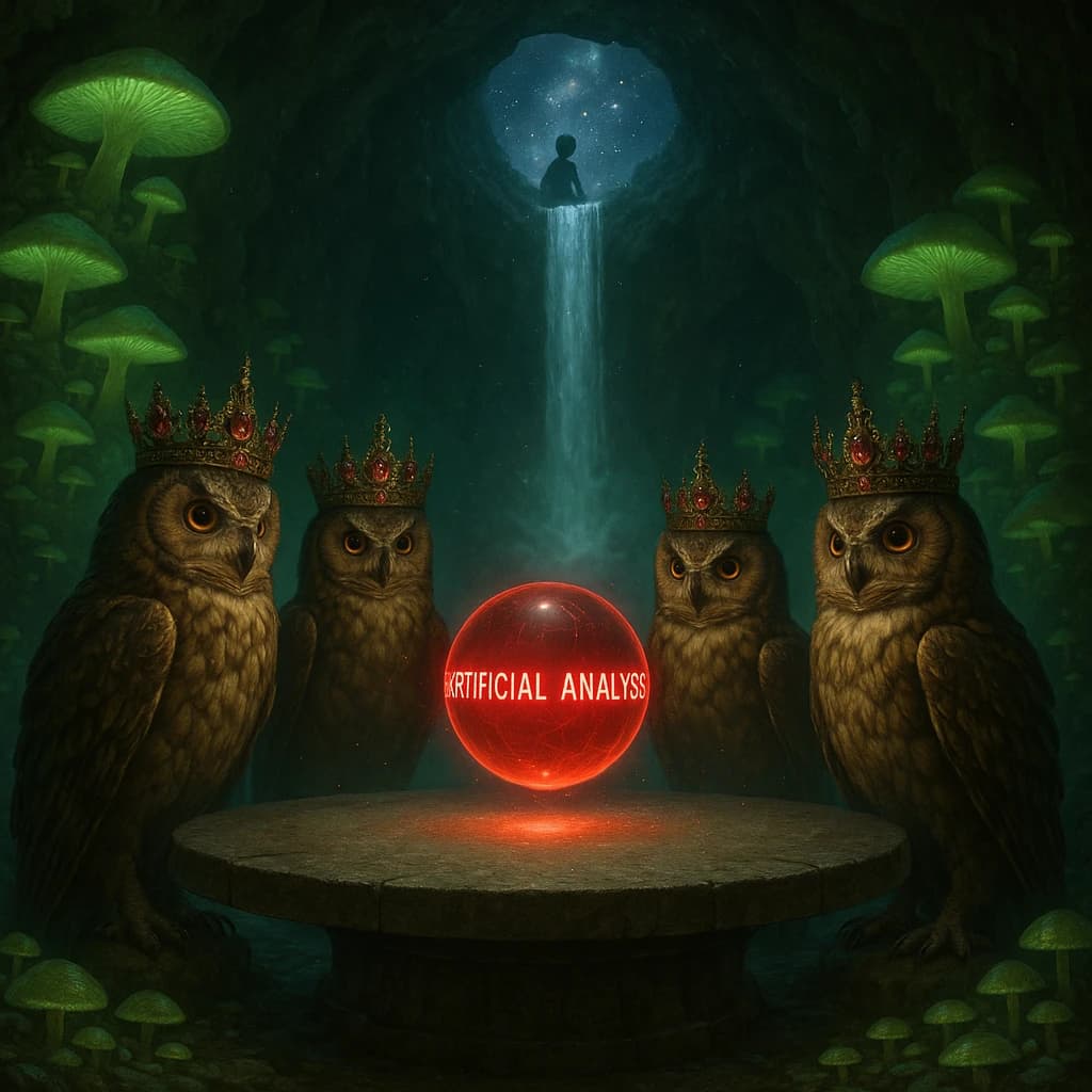In a cavern lined with bioluminescent fungi glowing lime green, the council of owls wear jeweled crowns that glimmer with rubies, their wings folded behind their backs. Dust coats the stone table, a glowing orb inscribed with “Artificial Analysis” hovers above the table illuminating the owls with its red pulsating light. Behind them, a waterfall falls upward into a ceiling that opens onto stars - a child looks down in wonder from above at what he has stumbled across.