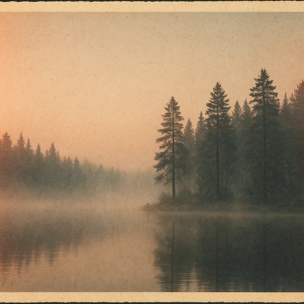 Give me a faded postcard of a misty pine lake at dawn, light leaks, film grain.