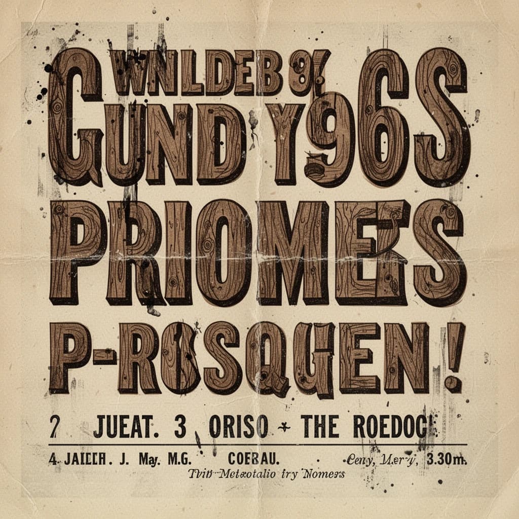 Make a 1960s concert poster featuring bold wood type, misaligned ink, creases.