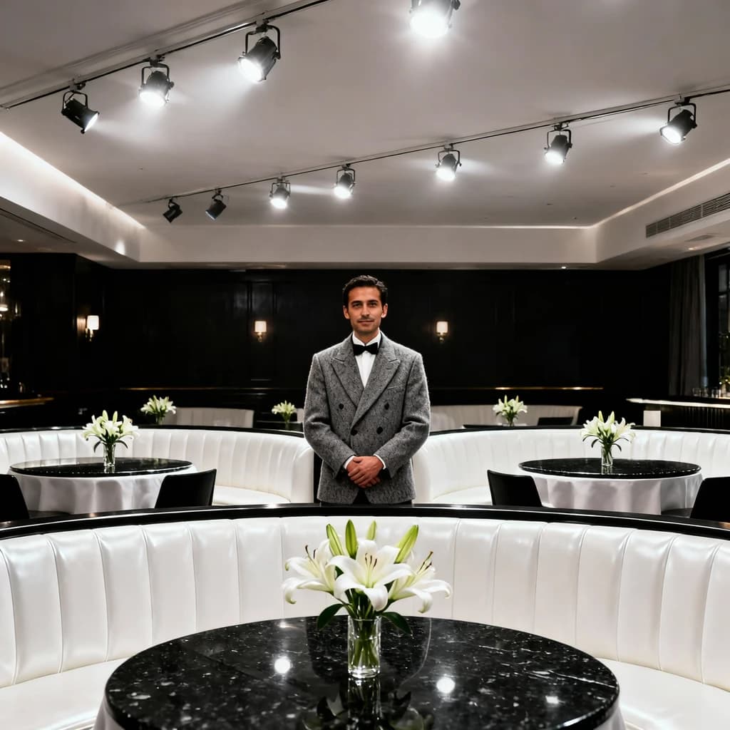 The place is almost empty. The banquettes are covered in white leather, the tables black granite, and the entire room is bathed in halogen track lighting that seems too bright. The maître d’ wears a double-breasted wool crepe jacket. There are lilies on every table.