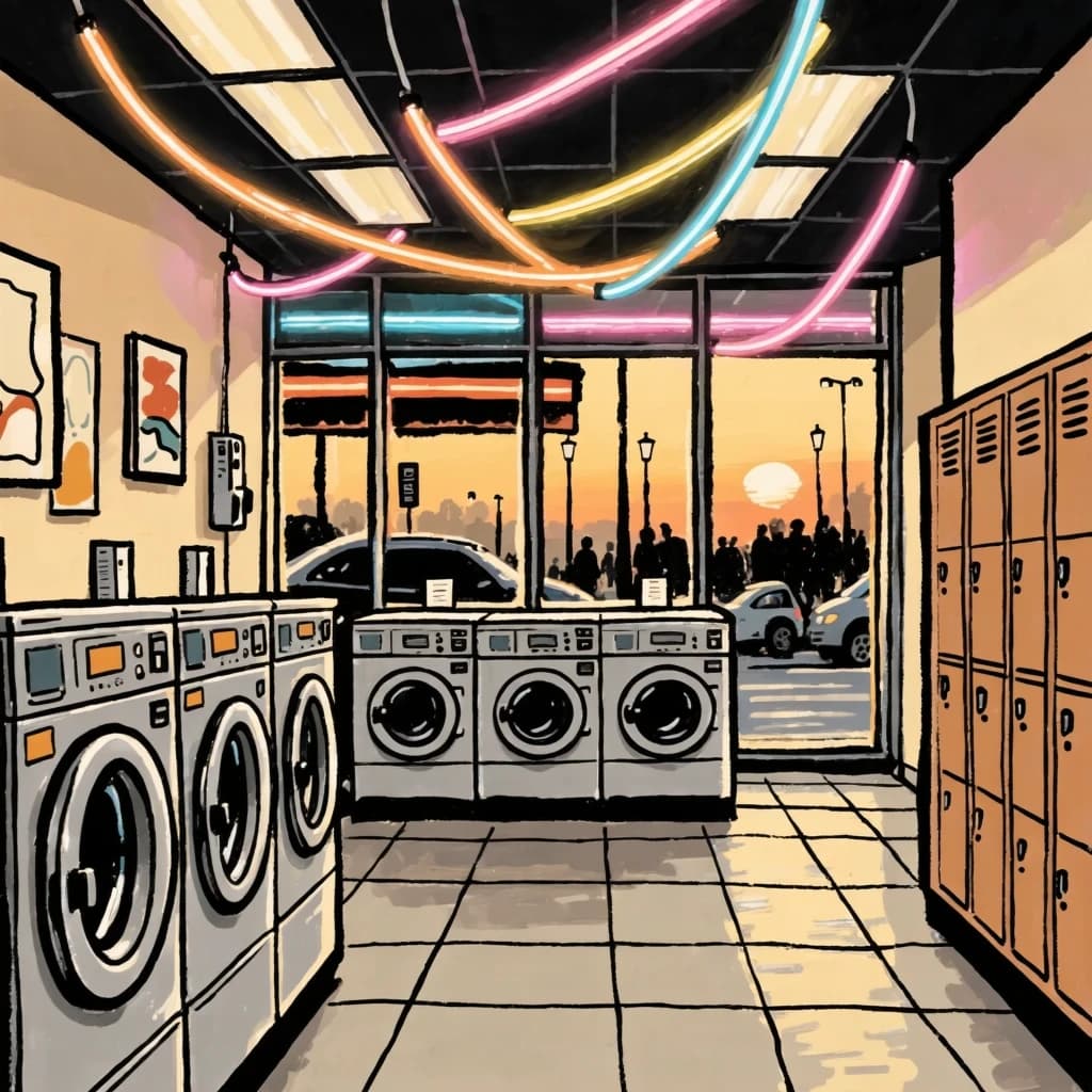 A cozy laundromat at dusk, neon humming, flat colors, bold inked lines.