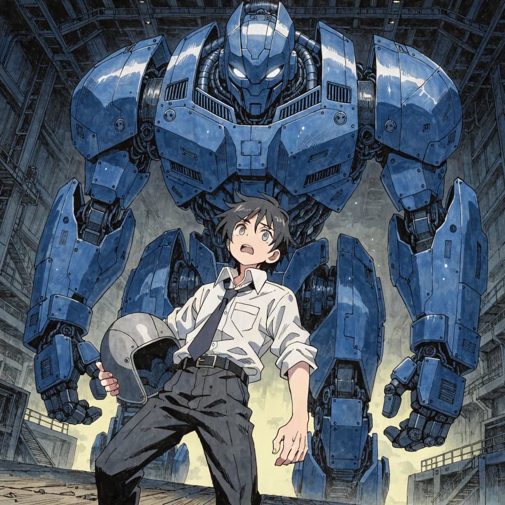 A teenage pilot grips his helmet under one arm, standing at the edge of a glowing hangar bay. Before him looms a sleek, steel-blue mech, its eyes lit with a cold electric glare. His school uniform is rumpled, a sharp contrast to the machine’s flawless plating. The vast scale engulfs him in shadow, emphasizing both awe and dread. Hand-drawn anime style.