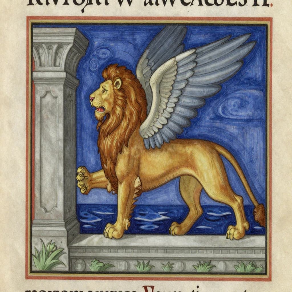 Paint an illuminated manuscript scene of a winged lion guarding a sea gate.