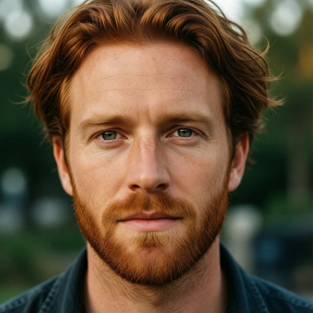 Shoot a natural light headshot of a red-haired man with freckles, green eyes.