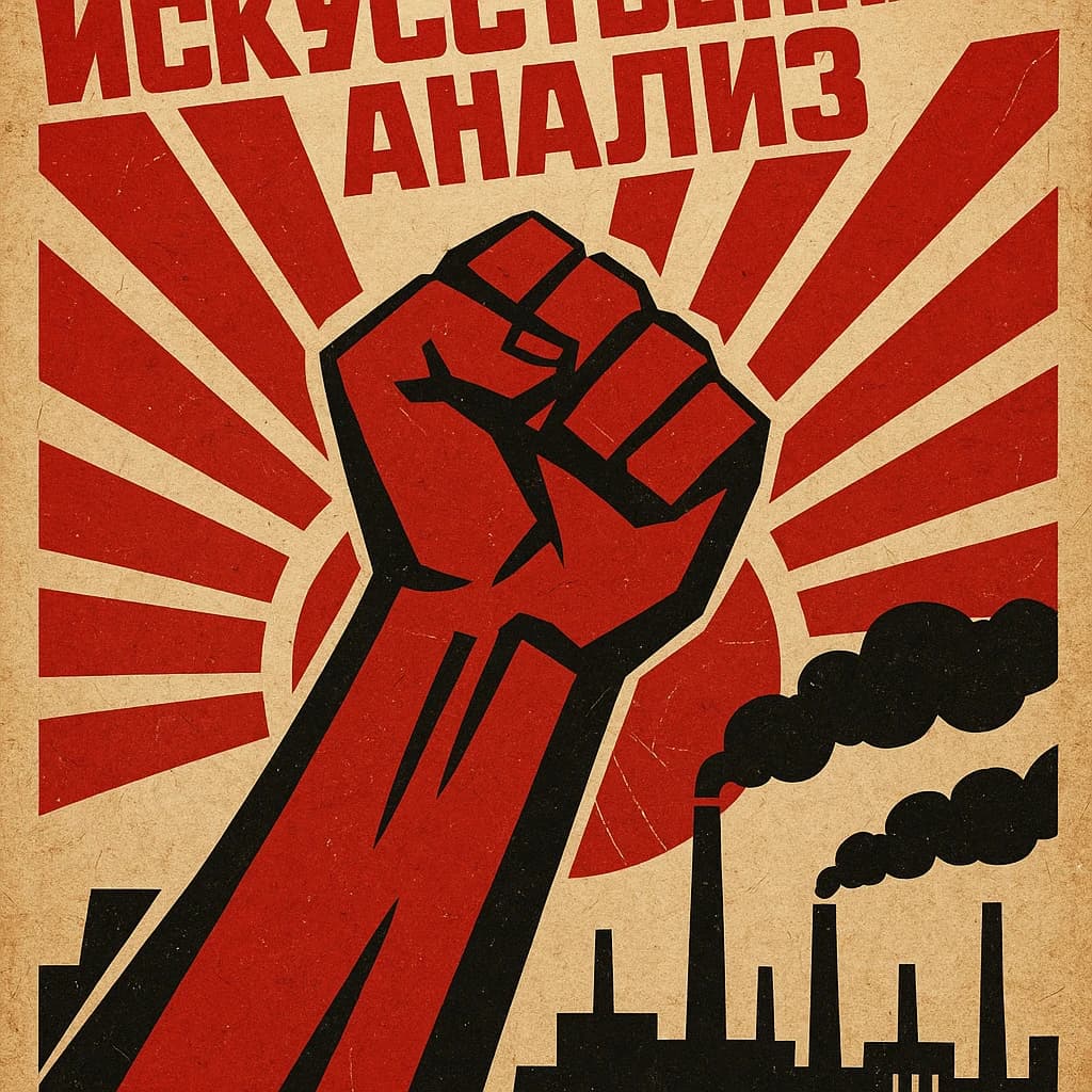 A propaganda poster in stark red, black, and beige. A clenched fist rises in the foreground, rendered with sharp geometric blocks. Behind it, radiating lines stretch upward toward a stylized sun. At the top, bold sans-serif lettering in Cyrillic-inspired type spells out Artificial Analysis, tilted at an angle for emphasis. A factory skyline silhouettes the bottom edge, smoke stacks rising into the background. The texture is rough, printed on aged paper with visible creases and ink bleed. Designed in the constructivist Soviet poster style.