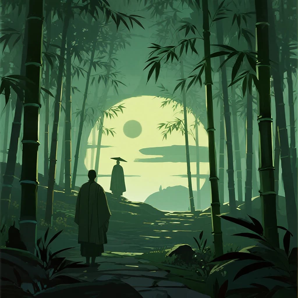 Give me a misty bamboo forest at sunrise, bold outlines, slightly cel-shaded.
