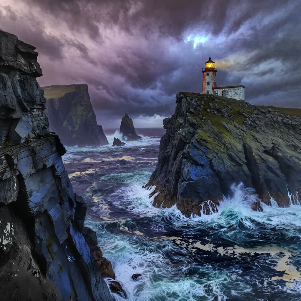 Please paint a watercolor of stormy cliffs and a lighthouse, moody sky.