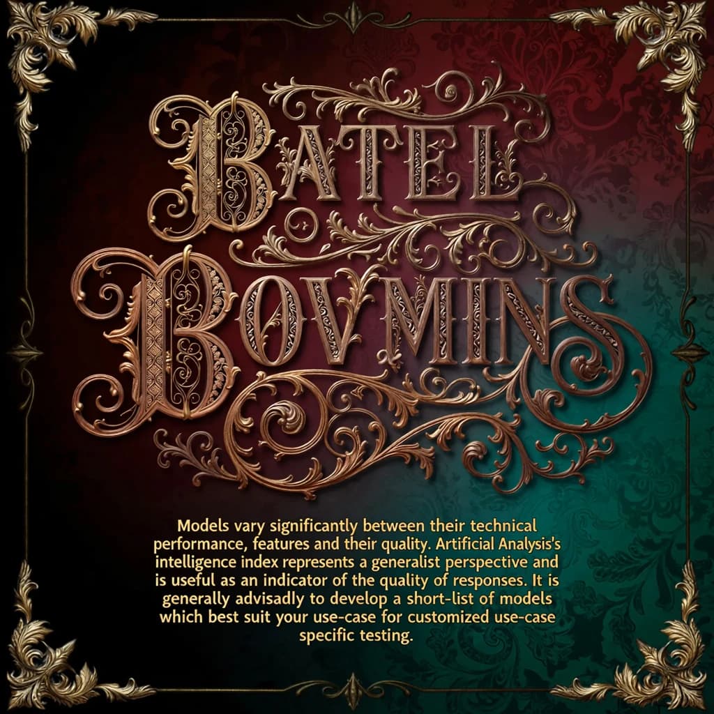 On a flat layout, write in an ornate baroque style "Models vary significantly between their technical performance, features and their quality. Artificial Analysis's intelligence index represents a generalist perspective and is useful as an indicator of the quality of responses. It is generally advisable to develop a short-list of models which best suit your use-case for customized use-case specific testing. "