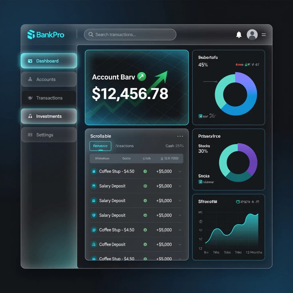 Dark mode banking dashboard with glassmorphism.