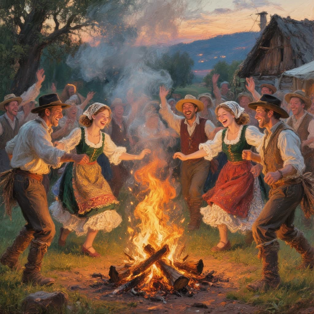 Make an oil painting of villagers dancing by a bonfire at dusk, a bit smoky.