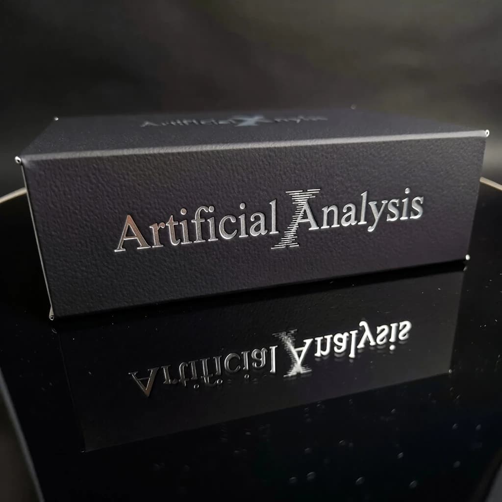 On the black box, silver foil embossing, centered: "Artificial Analysis" in Comic Sans Small Caps, perfectly justified. The letters are crisp, but the “Y” is duplicated faintly, ghosting right. On the box’s reflection, the word order is inverted: ARTIFICIAL ANALYSIS.