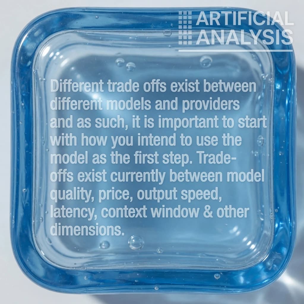 In a clear transparent blue glassy rounded box, etch "Different trade offs exist between different models and providers and as such, it is important to start with how you intend to use the model as the first step. Trade-offs exist currently between model quality, price, output speed, latency, context window & other dimensions. " in sans serif medium weight text. Artificial Analysis is watermarked over the top right 