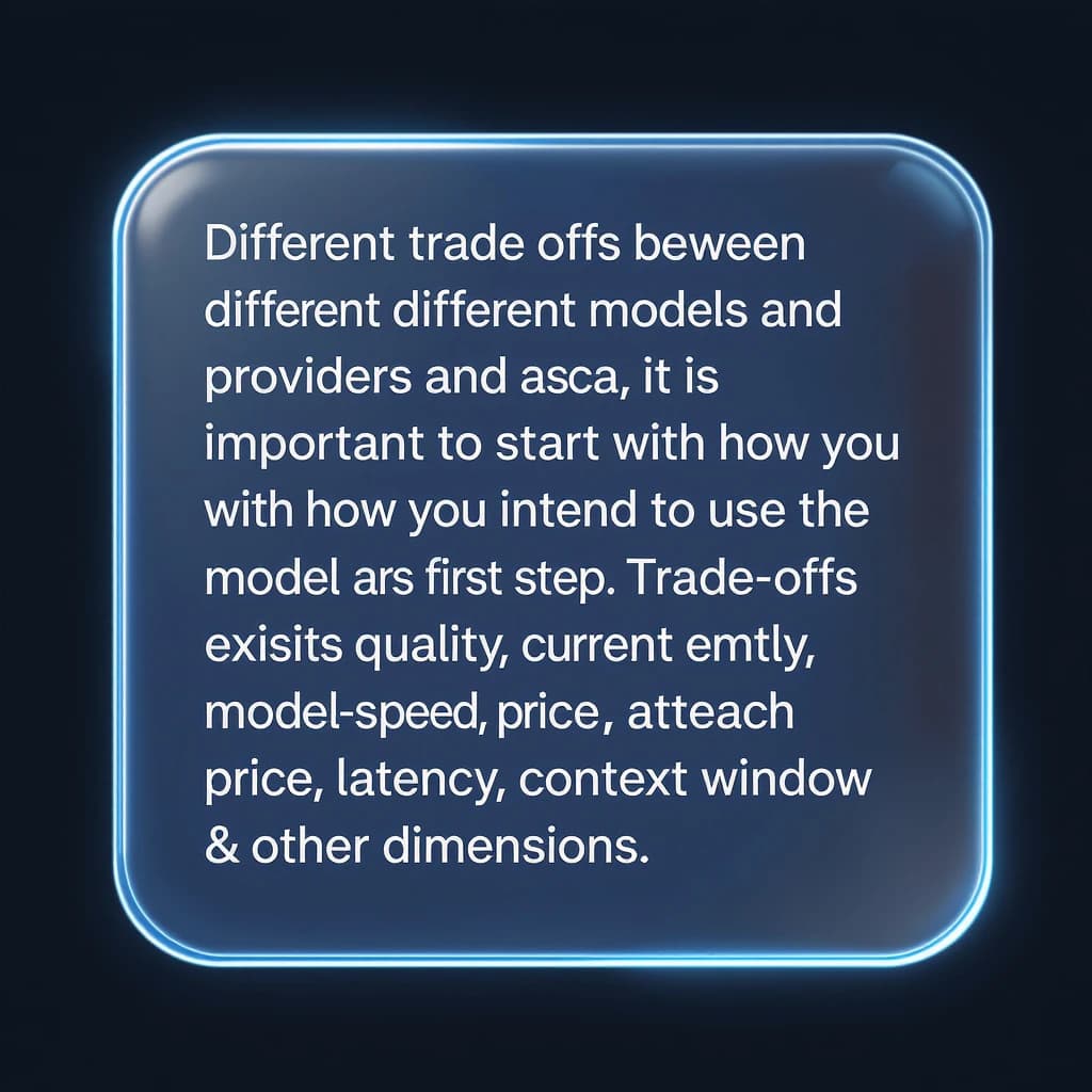 In a clear transparent blue glassy rounded box, etch "Different trade offs exist between different models and providers and as such, it is important to start with how you intend to use the model as the first step. Trade-offs exist currently between model quality, price, output speed, latency, context window & other dimensions. " in sans serif medium weight text. Artificial Analysis is watermarked over the top right 