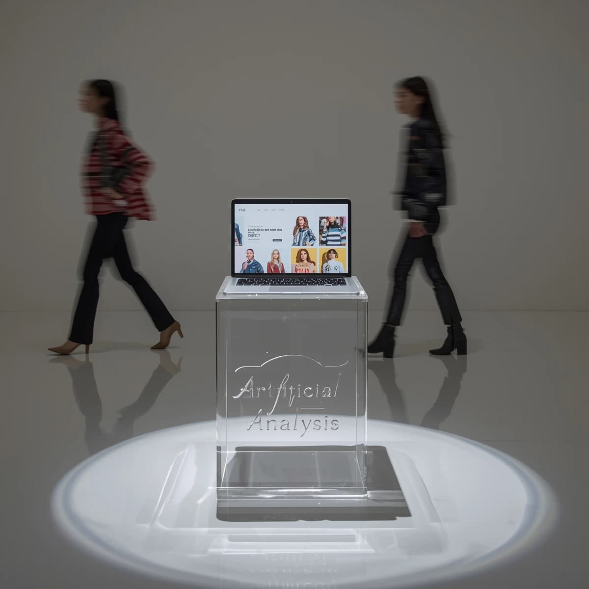 In a spotless gallery space, a pedestal supports a transparent laptop whose screen flickers between static and pristine brand imagery. Shoppers blur past in designer clothes that appear slightly outdated - bell bottoms, metallic jackets. The embossed logo “Artificial Analysis” glints silver, yet its reflection in the glass floor reads in crimson letters. A single spotlight shines, though shadows fall in two directions.
