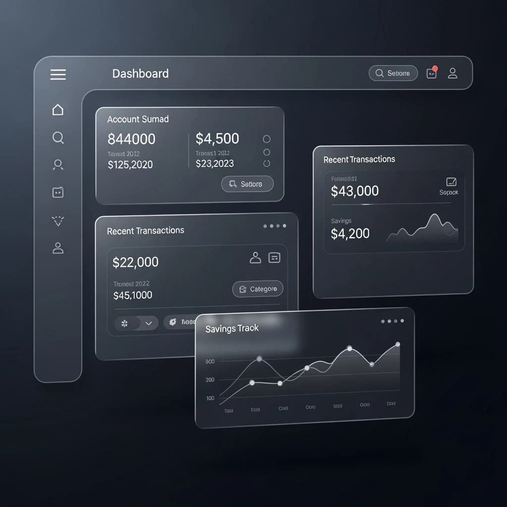 Dark mode banking dashboard with glassmorphism.