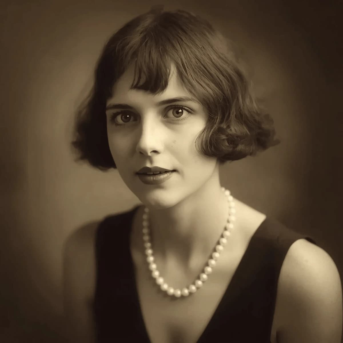 Sepia-toned studio portrait of a flapper with pearl necklace, soft grain.