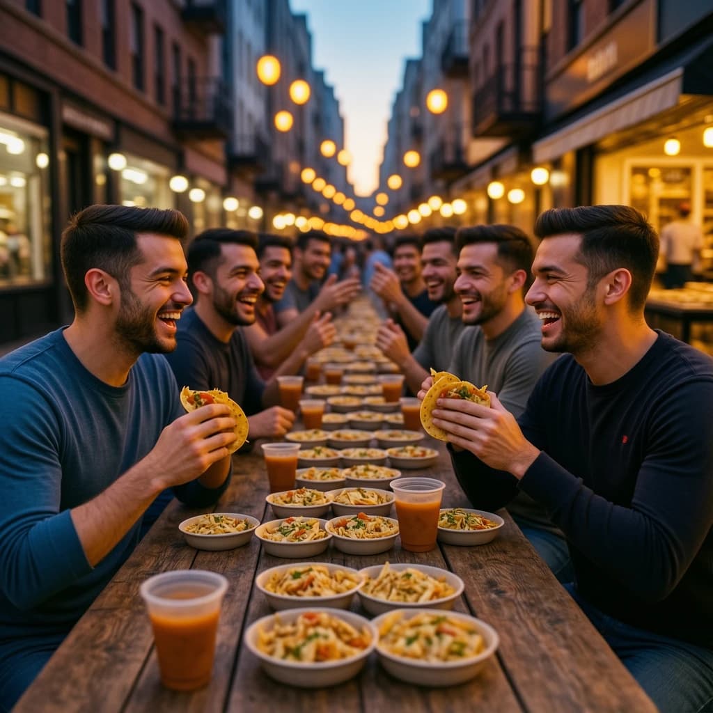 Friends laugh over street tacos at dusk, candid, shallow depth.