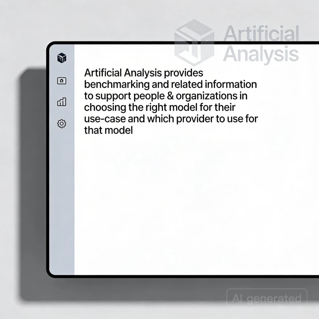 On a high-resolution dashboard mockup with a clean white background, display a centered text module in Helvetica Neue Regular, 18pt, black: “Artificial Analysis provides benchmarking and related information to support people & organizations in choosing the right model for their use-case and which provider to use for that model.” The text box is justified, but the final word wraps awkwardly onto its own line. To the left, a vertical navigation bar in light gray with three icons - home, chart, and settings - aligned evenly but casting misaligned shadows. In the upper right, the Artificial Analysis logo appears faintly, semi-transparent, watermarked over the corner of the interface.