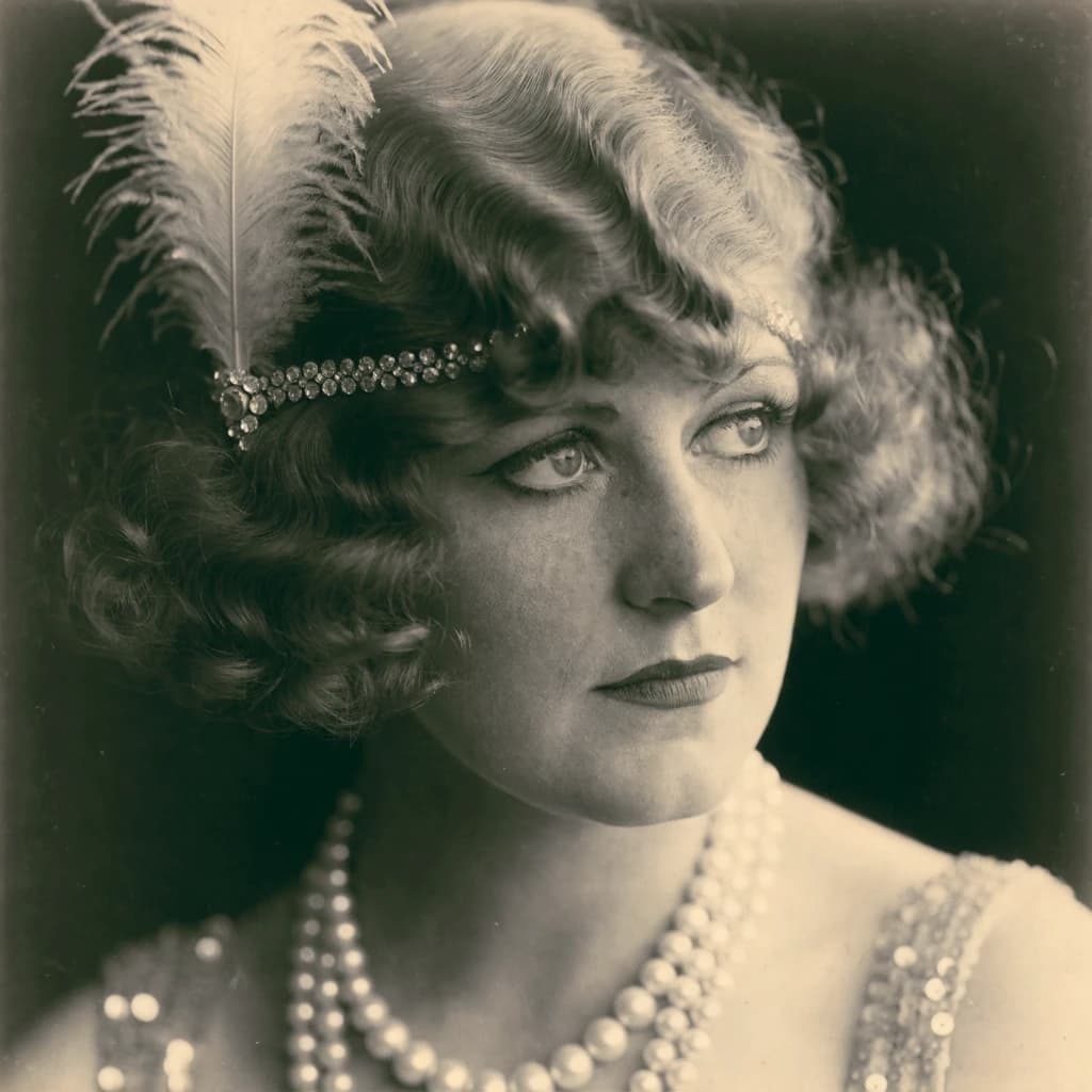 Sepia-toned studio portrait of a flapper with pearl necklace, soft grain.