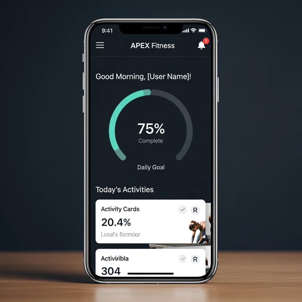 Sleek mobile fitness app screens on a desk: dark mode home, progress dashboard, simple onboarding, clear 8 pt grid, slightly oversized buttons for thumb reach, muted colors.