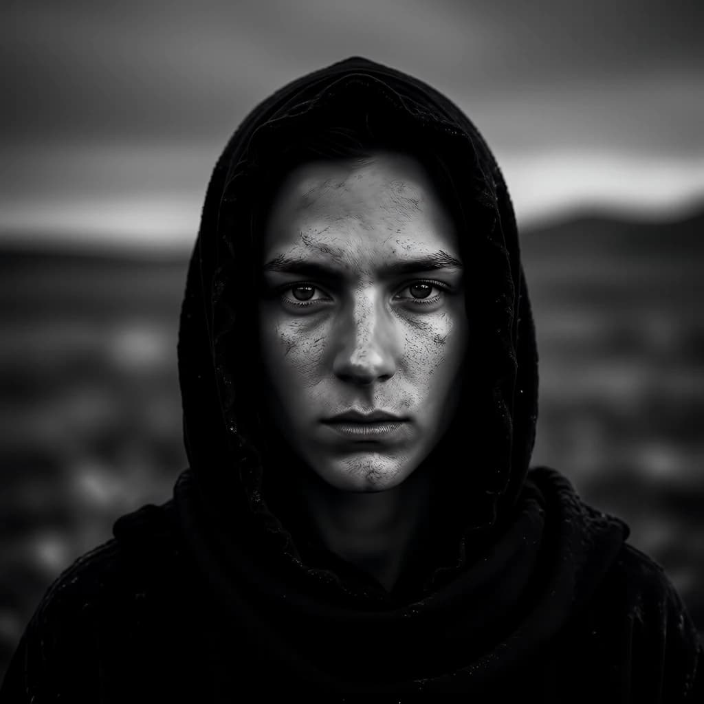 A dramatic black-and-white portrait of a young person draped in a hooded garment, their face framed by the hood's dark folds. Their skin tone and the subtle sheen on their cheeks create striking tonal contrast against the deep shadows. Their eyes are piercing, looking directly into the lens with a calm, steady intensity—neither confrontational nor submissive, but deeply present. The texture of the fabric is visible: it's dense, slightly weathered, and whisper-thin creases catch the light. In the background, an expansive, out-of-focus landscape suggests open space—perhaps distant plains or water—though the details remain soft and abstract. The overall mood is silent yet powerful, poised between vulnerability and resilience, with every highlight and shadow telling part of their story.